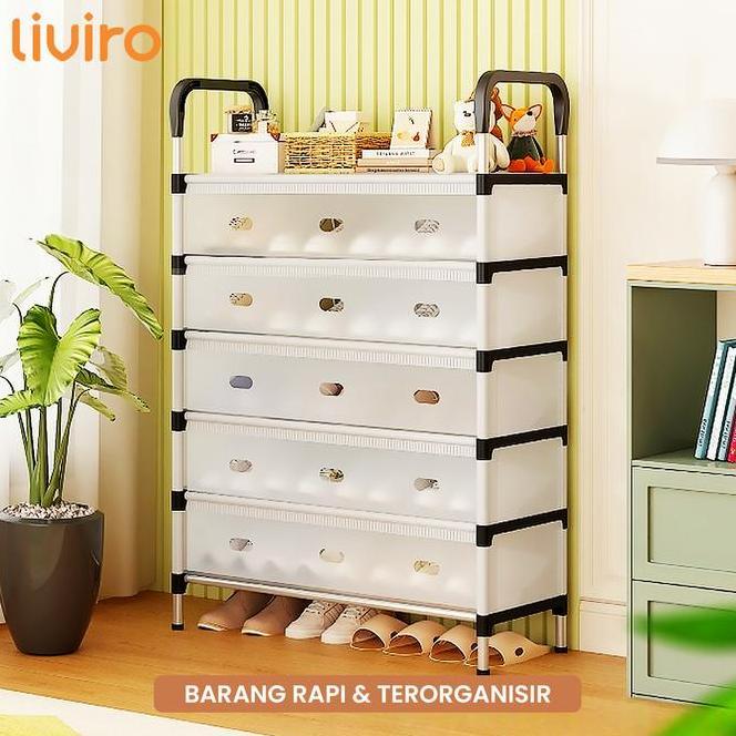 Liviro Rak Sandal Sepatu Stainless 6 Susun Tertutup Kokoh Dengan Gantungan Tas Topi Minimalis