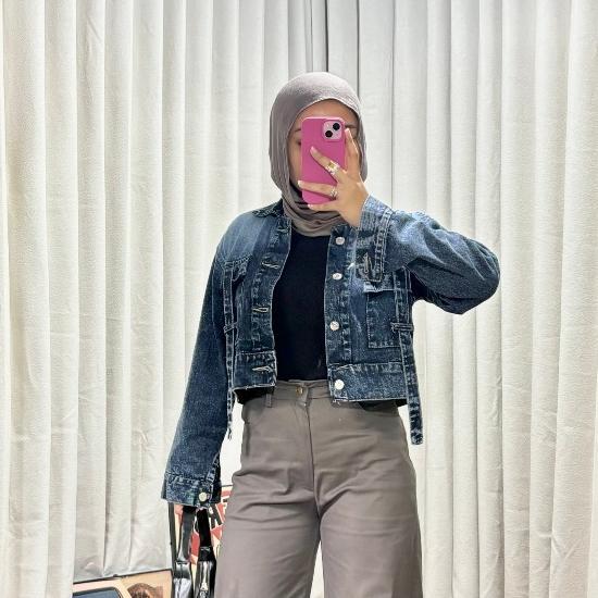 Terlaris Emweha Fuji Jaket Crop Jeans Denim Oversize Cewek Pocket Variasi Tali Denim