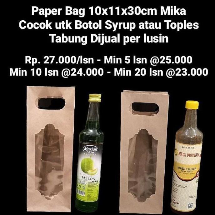 Paper Bag 10x11x30cm Mika Cocok utk Botol Syrup Dijual per lusin