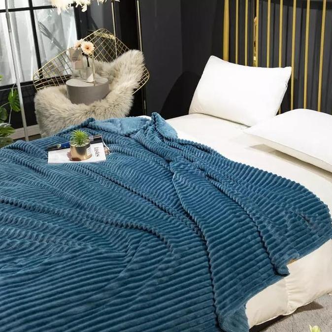 NEW SELIMUT BULU SALUR GARIS 200X220 DEWASA LARGE IMPORT - DENIM ORI