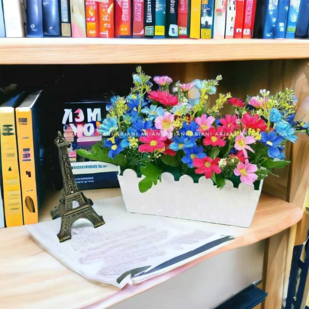 SET BUNGA PLASTIK KRISAN C28 DENGAN POT PAGAR PLASTIK BESAR