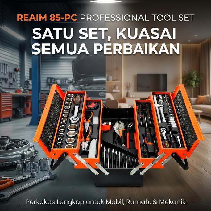 Diskon Ramadan 30%REAIM Perkakas Set Tool Box Set Kunci Set Lengkap 85PCS Tool Kit Set Perkakas Leng