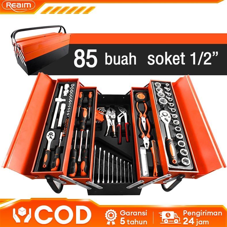 REAIM Tool Kit 85 Pcs Alat Bengkel Tool Kit Kunci Sok Set Alat Bengkel Tool Kit Pekerjaan Otomotif T