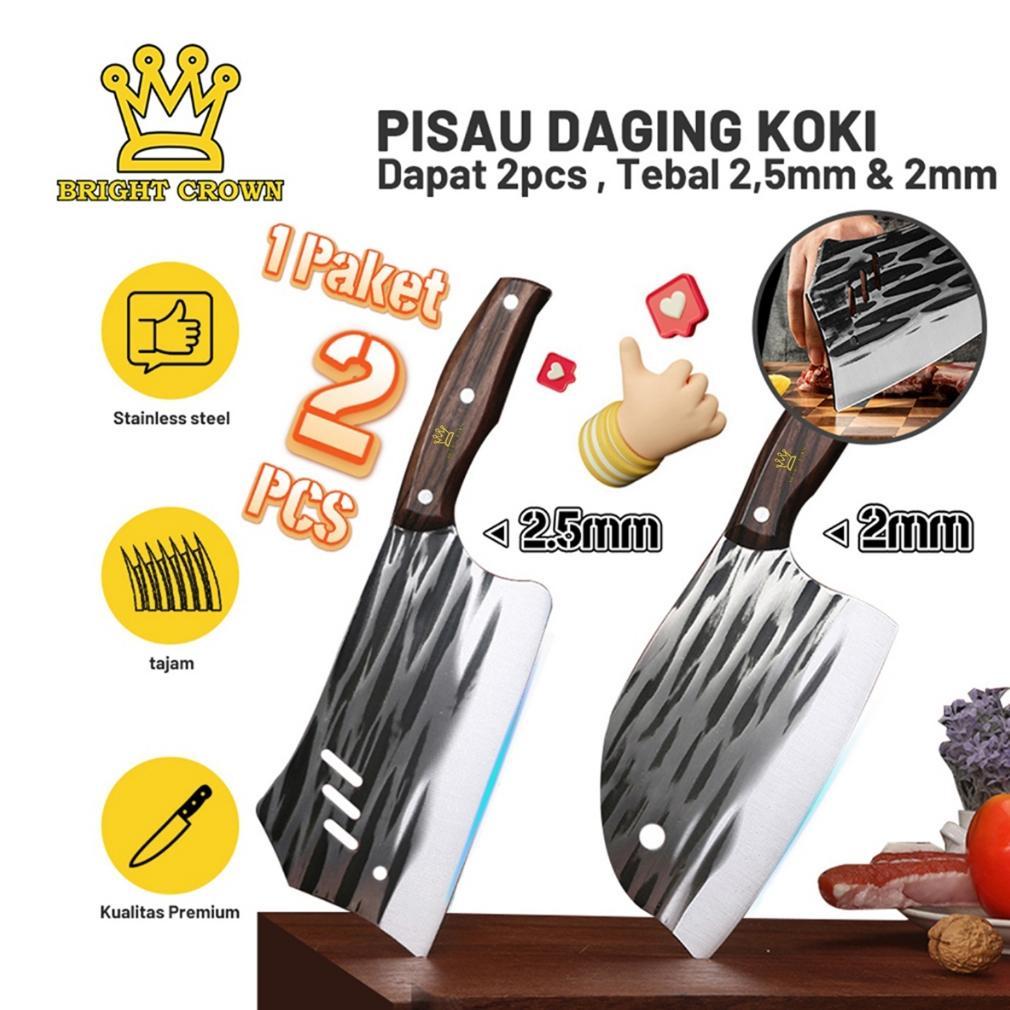 Termurah / Hot Sale Bright Crown Set Pisau Koki Dapur Super Tajam Stainless Gagang Kayu / Golok Caca