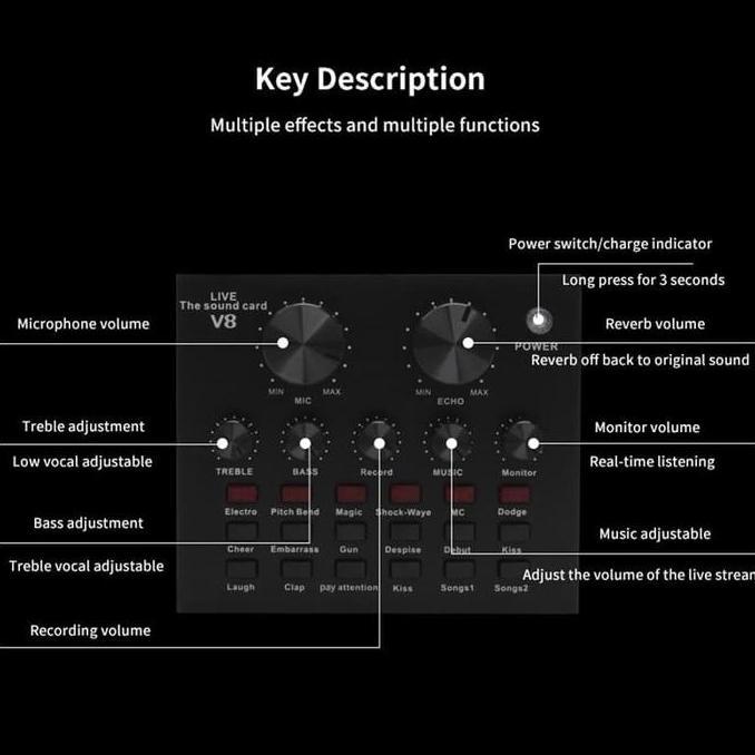 SoundCard V8 Audio untuk HP PC Mac Live Broadcast Karaoke Audio Mixer