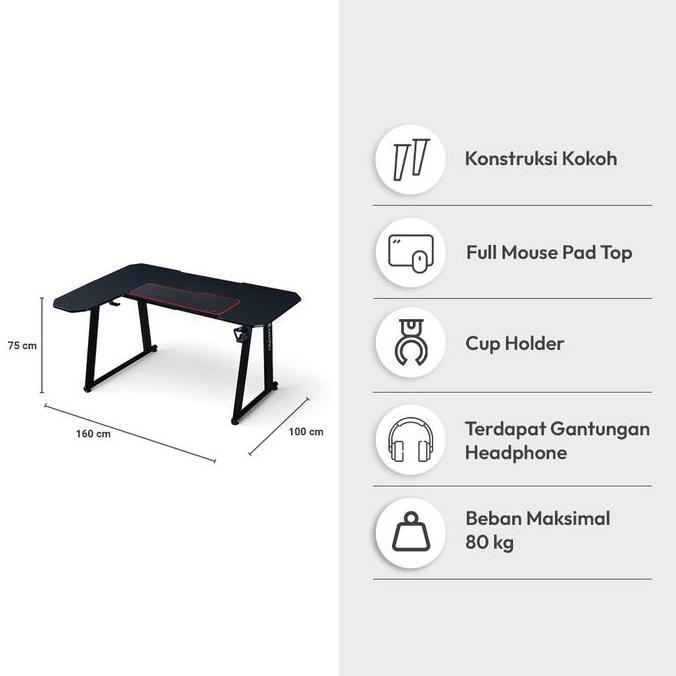 Informa Amatsu Kaze Meja Gaming - Hitam Meja Kerja Meja Belajar Rakit Tempat Komputer Perabot Kantor