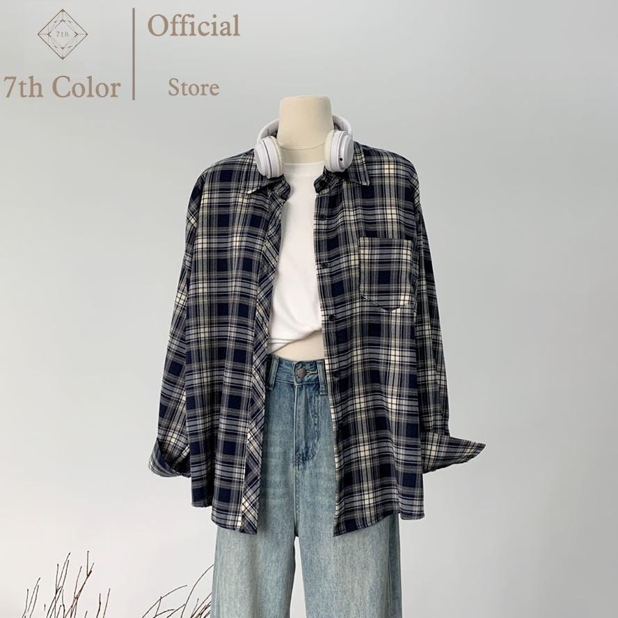 DISKON 7th Color / Outer Wanita Motif Kotak Gaya Korea Kemeja lengan panjang Kardigan Kekinian Daily