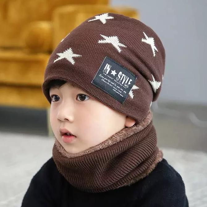 Kind- Topi Kupluk & Syal Anak Cowok Cewek Premium Quality Woolen Yarn Hitam Navy Cokelat Tua Size Ba