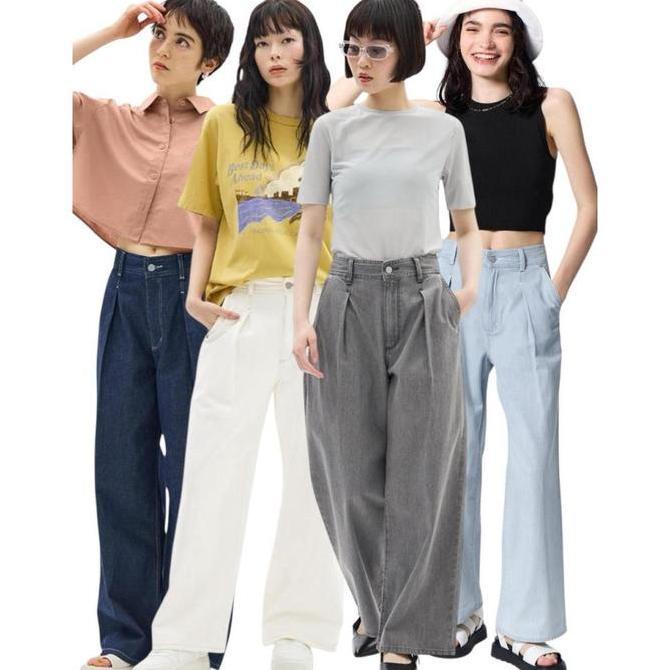 Hose- Celana Kulot Panjang Denim Wanita High-Rise Stylish | Women'S Light Denim Wide Pants - Gu-9458