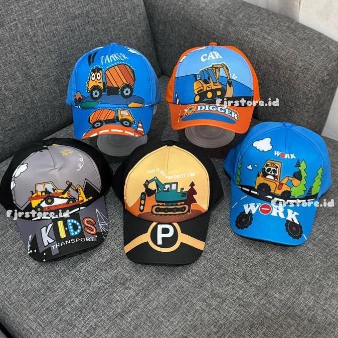 Topi Baseball Anak Laki Laki Motif Eskavator Truk Car Mobil Kontruksi Kekinian Ala Korea