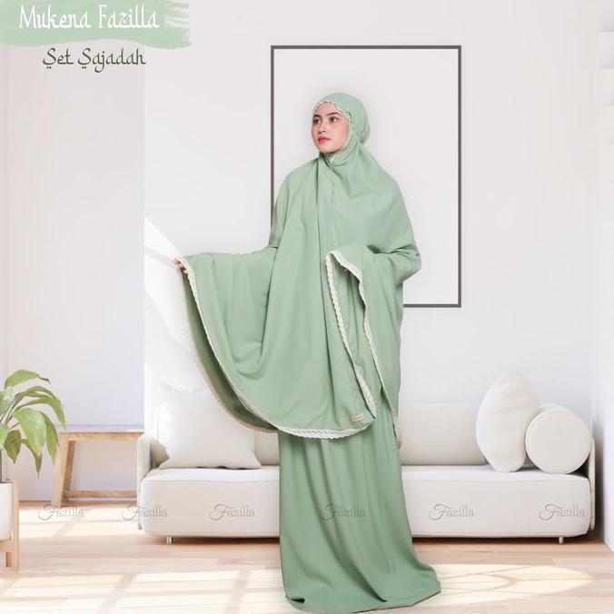 Mukena Katun Adem Premium Dewasa Jumbo Set Sajadah Fazilla Green Tea Bawahan Lembut Tebal