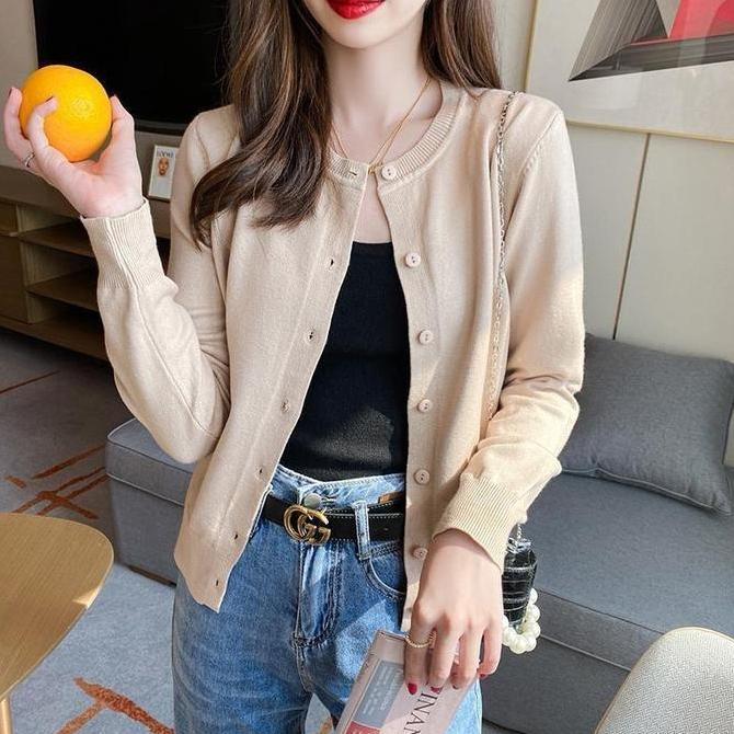 Kardigan rajutan tipis warna polos ramping lengan panjang serbaguna baru Knitwear Wanita Atasan Card