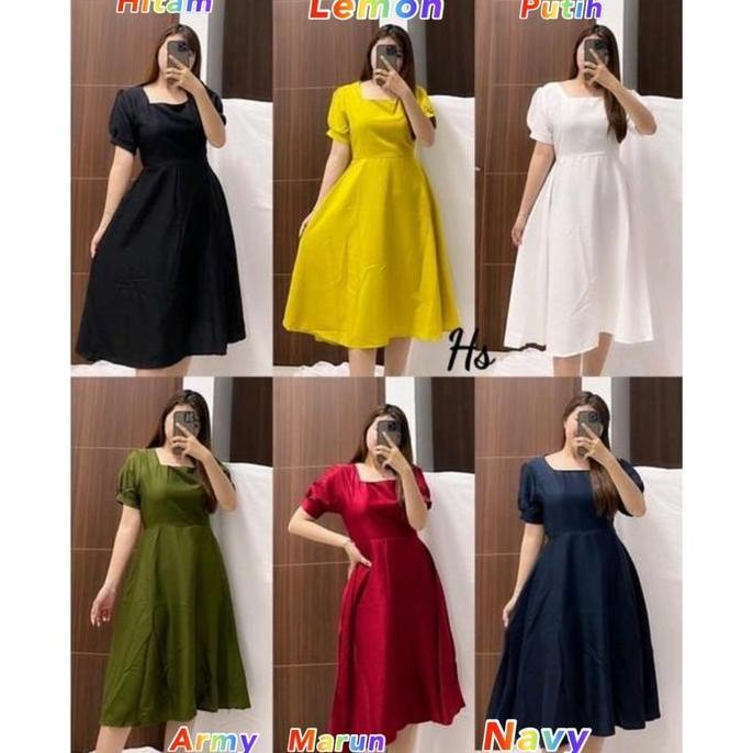 DRESS LORRA NEW BAHAN MOSSCREOE casual karet Wanita Pesta /midi dress Gaun Nyaman Panjang Santai Can