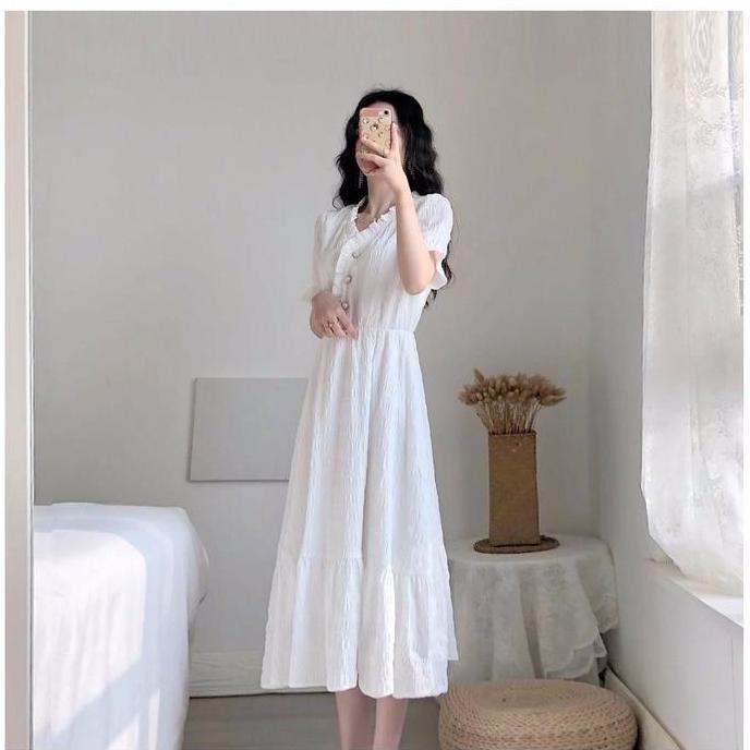MissMoka Alice MIDI DRESS Flare Dress Kerah V Gaya Vintage Lengan Panjang/Pendek Putih