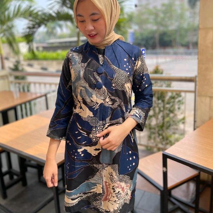 Uprelig- Batik Tunik  Wanita Motif Biru Dongker Abstrak Bahan Katun  Kain Nyaman