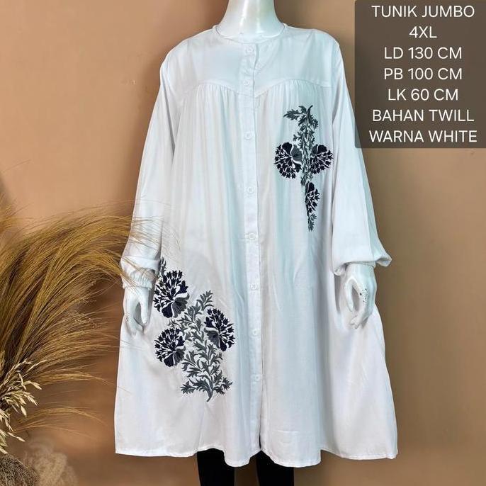 Uprelig- Long Tunik Putih Jumbo Ld 130 Cm Model Bordir Kekinian - Nora Tunik