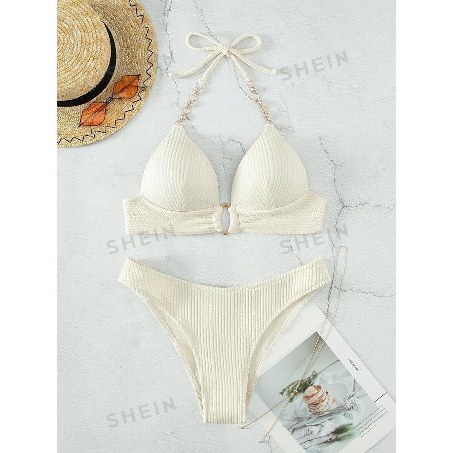 Bikini Push Up Swimsuit Beachwear Baju Renang Two Piece Putih Ring Linked Halter Wanita Outer Transp