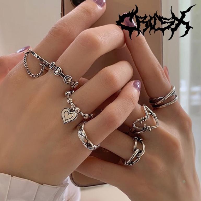 TERMURAH ESSE RING SET / 7PCS LOVE OVAL POLA HATI CHAIN RANTAI WIRE CINCIN HITAM SILVER / COUPLE RIN