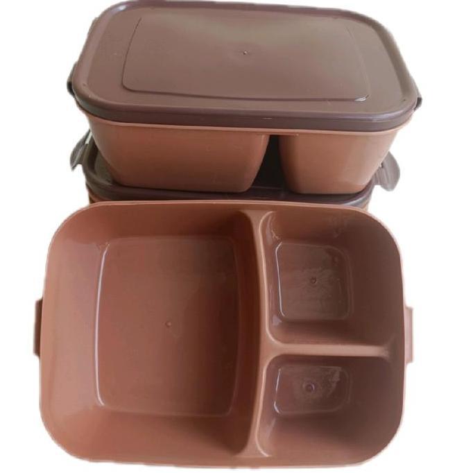 6 pcs Tepak nasi HAPPY 3 sekat /Ompreng nasi coklat Kotak Makan Plastik
