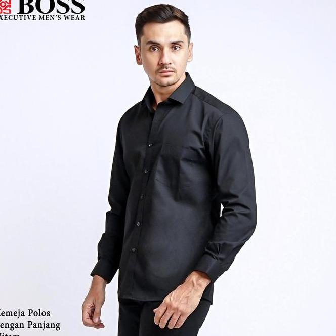 Boss Kemeja Polos Pria Lengan Panjang Slim Fit Hitam