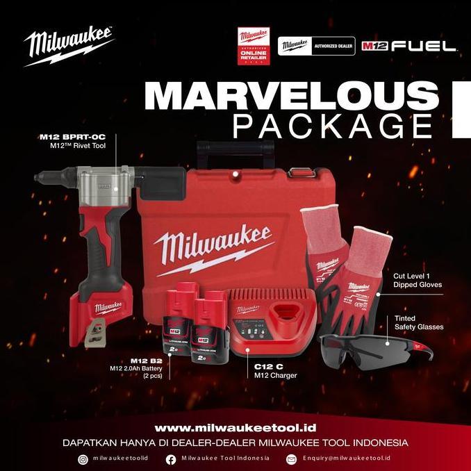 Milwaukee Mesin Paku Rivet Tembak Baterai M12 BPRT-202 Set Cordless Battery Rivet Gun Riveting Tool