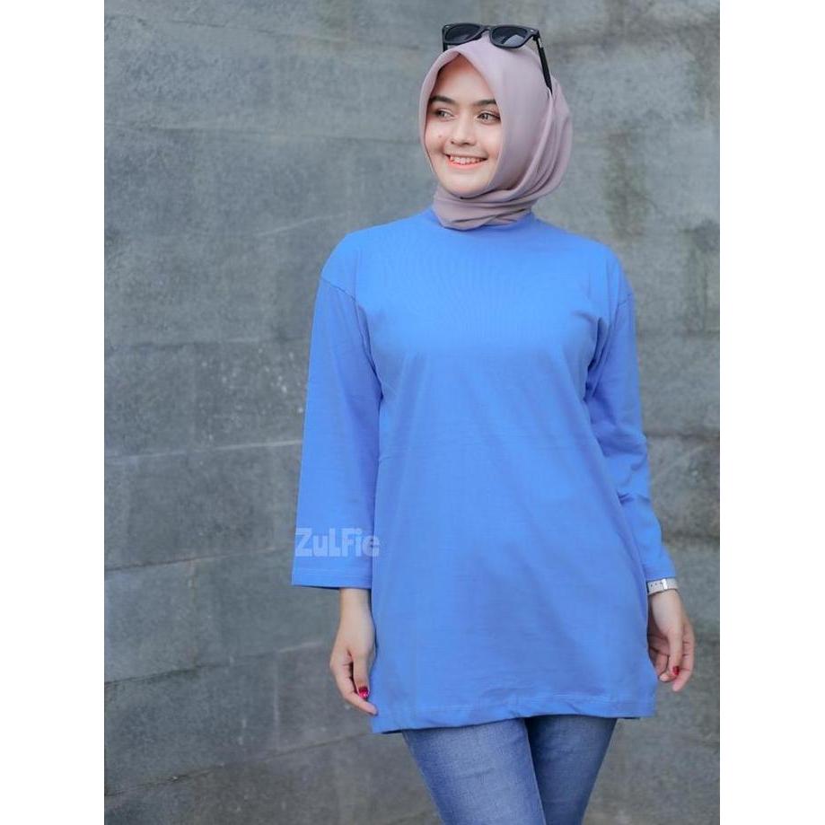 Kaos Oversize Wanita Panjang Basic Polos Biru Muda Lengan 7/8 Belah Pinggir Atasan Jumbo Dewasa Musl