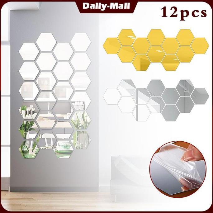 LEONAB 12pcs/Set Hexagon Acrylic Mirror Sticker Kaca Sticker Mirror Tempel