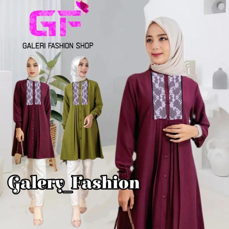 Termurah (Bisa Cod) Tunik Nabila Full Kancing Renda Arabia/Tunik Wanita Crinkle Airflow Motif Renda 
