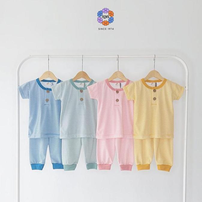 New Ezy Shirt Set Combi Stripe Series Nova Baby Setelan Baju Pendek Celana Panjang Bayi Newborn Moti