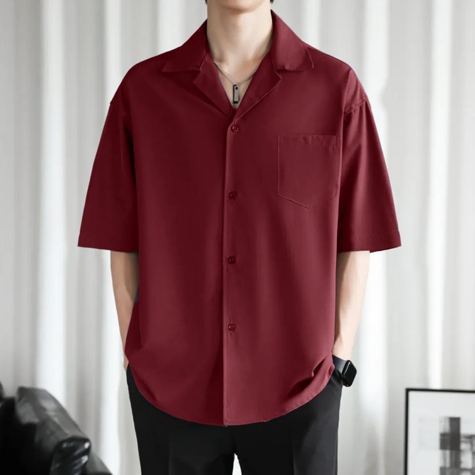 HOT Kemeja Baju Pantai Pria Korean Style Hawai Polos Hitam Putih Navy Maroon Abu-abu Katun Rayon