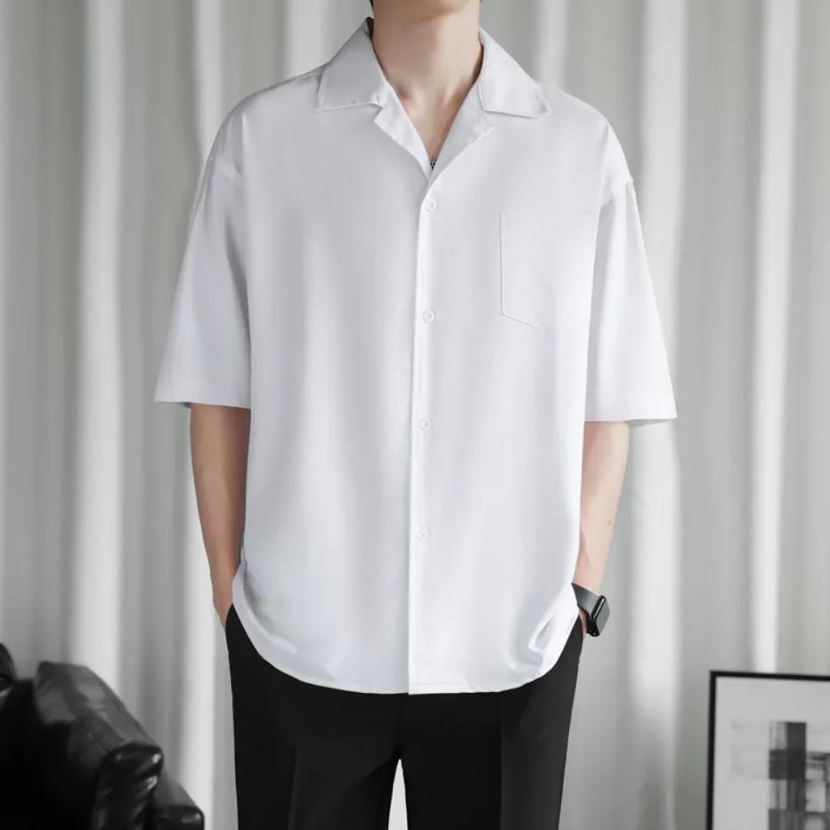 Discount Kemeja Baju Pantai Pria Korean Style Hawai Polos Hitam Putih Navy Maroon Abu-abu Katun Rayo