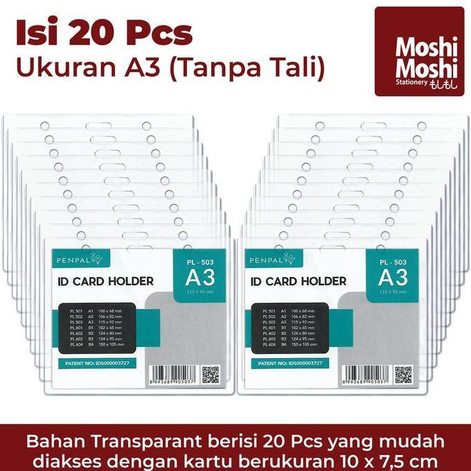20 PCS ID Card Holder A3 PVC Mika Transparan Tebal Name Tag Tanpa Tali