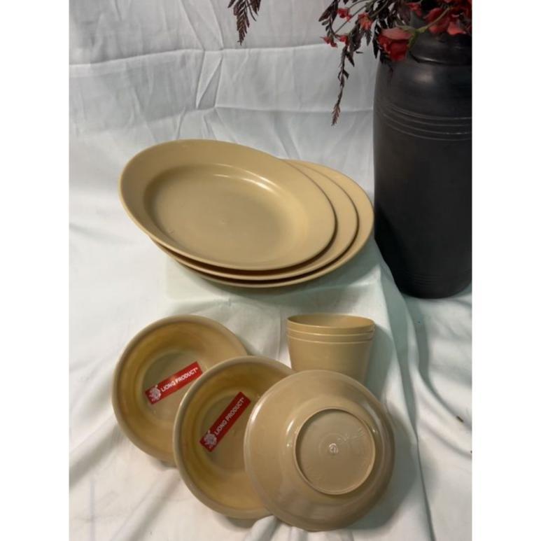 MURAH ( 9 PCS ) SET PIRING MANGKOK GELAS PLASTIK / PIRING SET MANGKOK GELAS CREAM