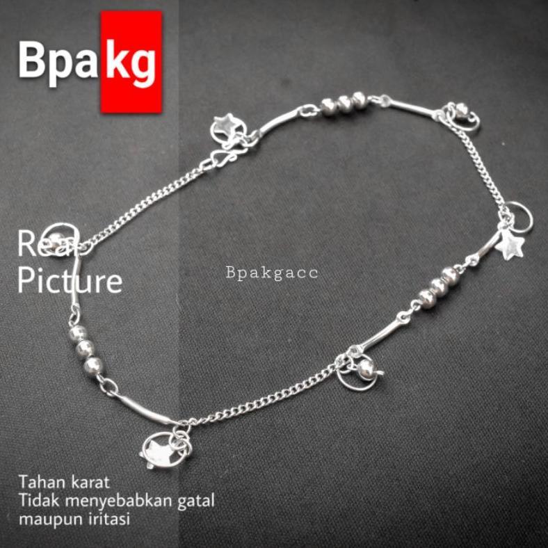 NEW Gelang kaki rantai bengkok cha bola wanita Anti karat # Gelang Kaki monel silver rumbai bulat ra