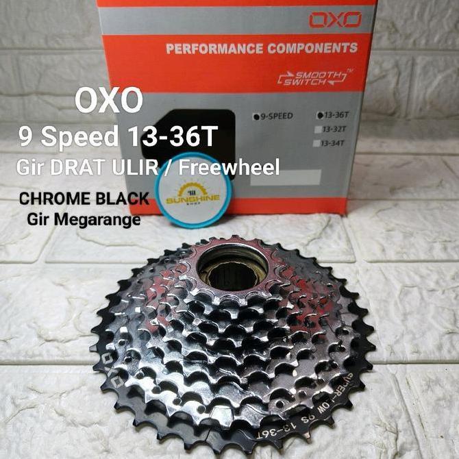 Gir Sprocket FREEWHEEL 9 Speed 13-36T OXO DRAT ULIR Tumpuk Susun Megarange CHROME BLACK Sepeda MTB F