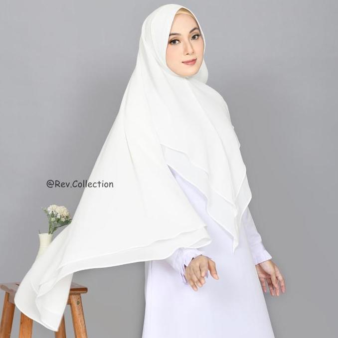 Rev Khimar Layer Ceruty Babydoll Putih Tulang Jilbab Wanita Hijab Muslimah Syari Kerudung Instan Cer