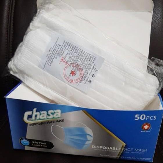 Masker 3Ply Earloop Chasa Biru Embos & Polos Terdaftar Kemenkes Bnpb