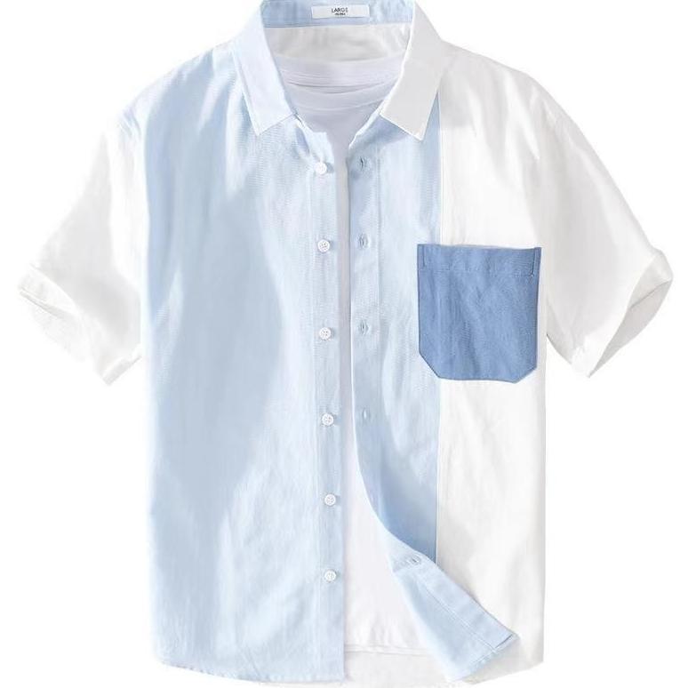 original kemeja pria lengan pendek jumbo cowok hawaiian motif abstrak putih biru casual hawai shirt 