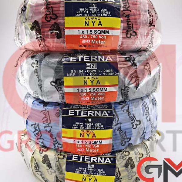 Eterna Kabel Nya 1.5Mm 50M Hitam Merah Biru Kuning Hijau (Kawat Tembaga Tunggal 1.5 Mm 50 M) Grosir