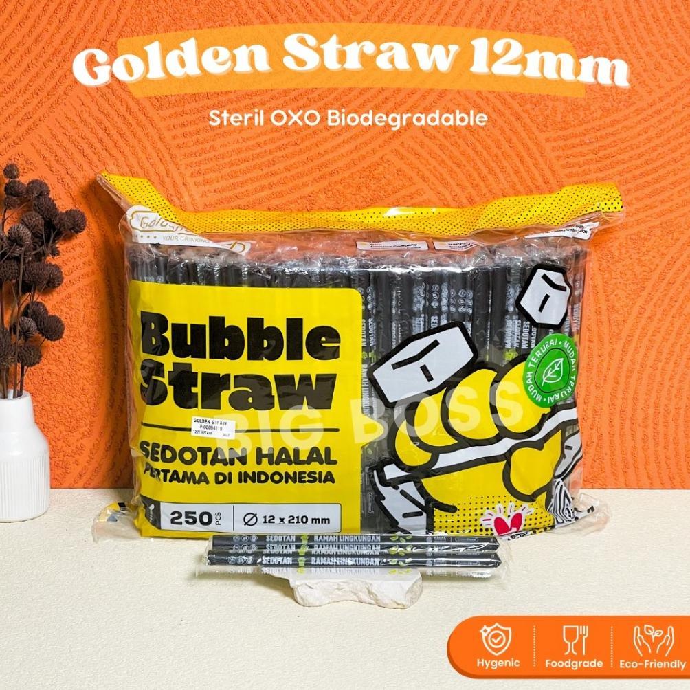 Sedotan Boba Plastik 12mm Hitam STERIL Higienis Golden Straw OXO Bungkus Plastik / Sedotan Bubble