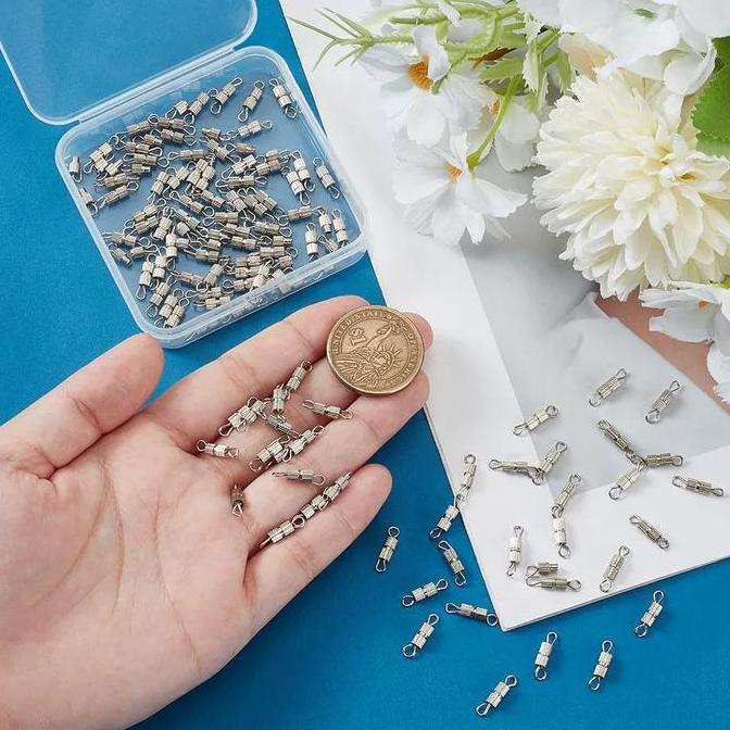 AMERZANA 50pcs Kait Pengait Sambungan Penyambung Kalung Gelang Stainless Ulir Putar Warna Silver Gol