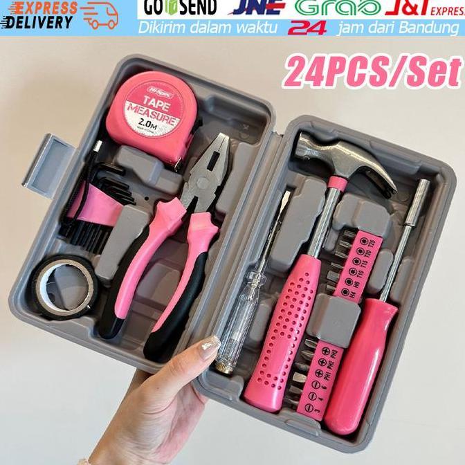 YUZABA Tool Box Set Tang Obeng Kunci L Lakban Listrik Meteran Toolkit Pink