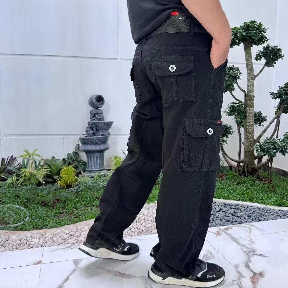 EXCLUSIVE Long Cargo Pants Jeans Pria Loose Fit  Nstrech Regular Cargo Jeans Denim Black Sandwash Po