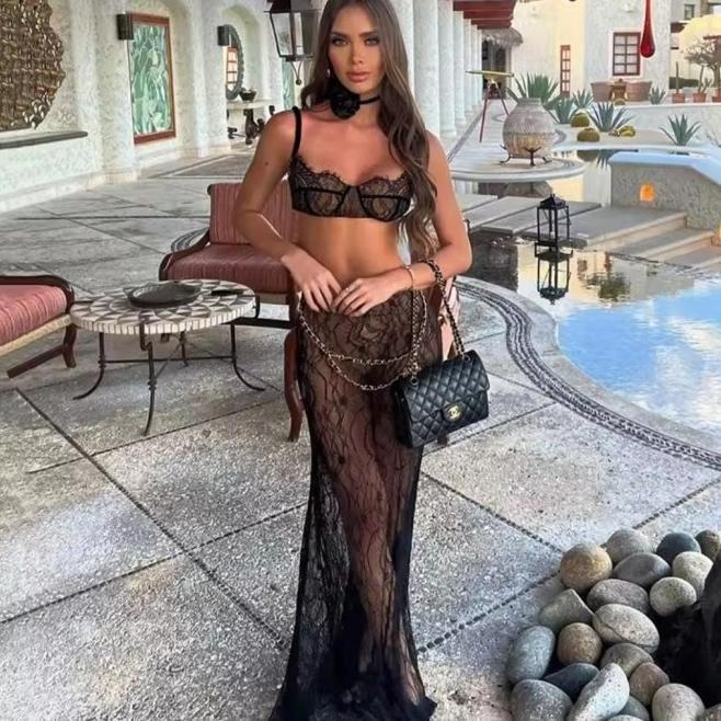 - Mela Lace Outer Set Crop Top + Maxi Skirt Woman Premium / Korean Summer Set / Beachwear Bali / Set
