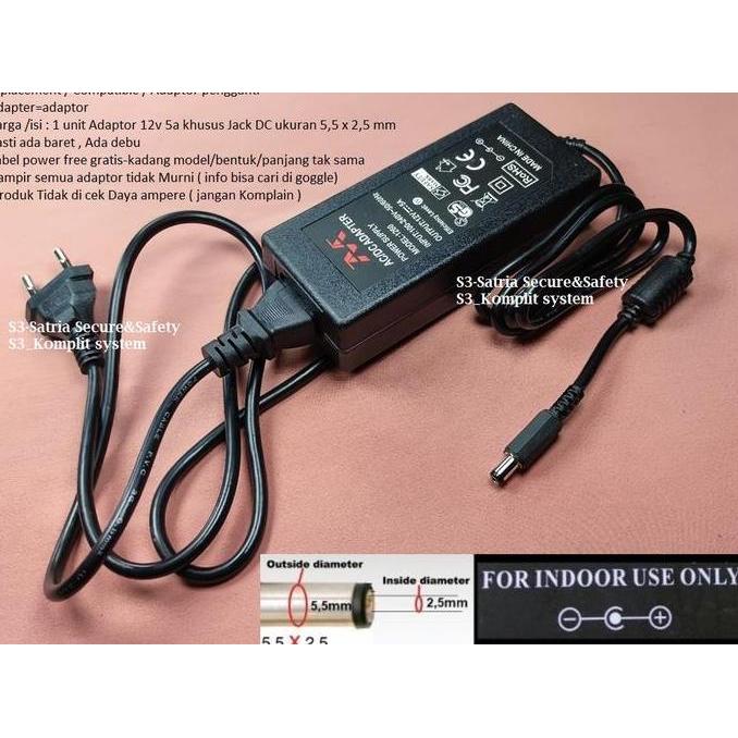 Adaptor 12v 5a Jack DC besar 5.5 x 2.5 mm lubang 5.5mm x 2.5mm monitor