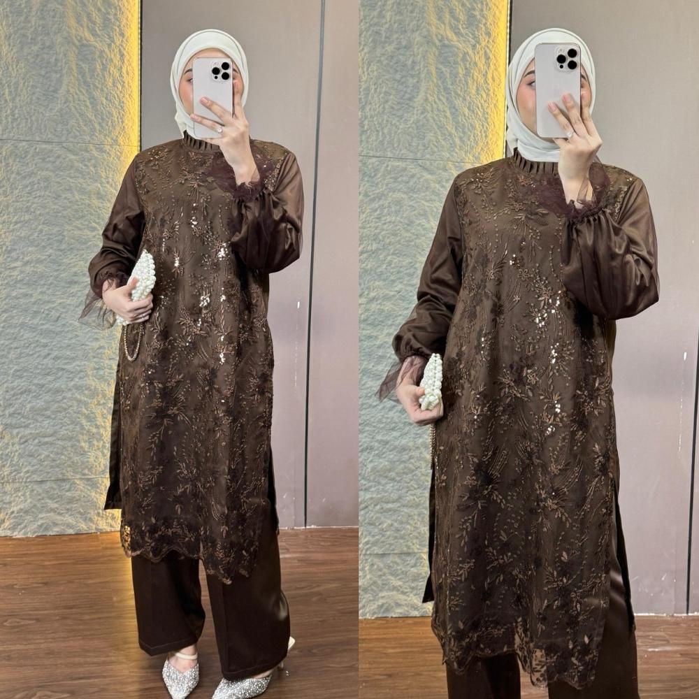BESTPROMO Erica Set Luxury Atasan dan Bawahan Celana Tunik Baju Brukat Pesta Kondangan