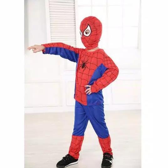 Kostum Baju Anak Spiderman Free Topeng Kain / Setelan Baju Anak Spiderman Dapat Topeng
