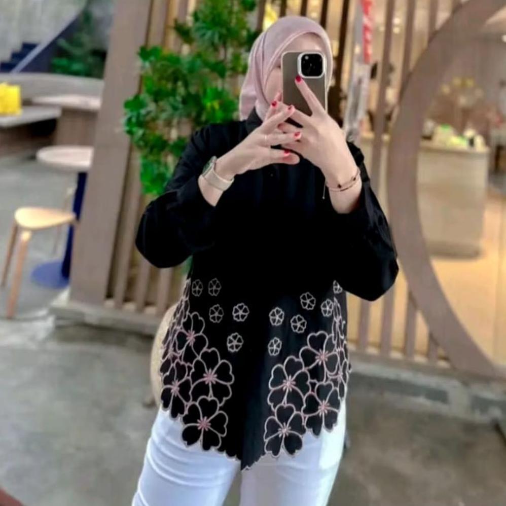 Original Kemeja Deanda Motif Bordir | Kemeja Wanita Polo Linen | Kemeja Wanita Kekinian | Blouse Kor