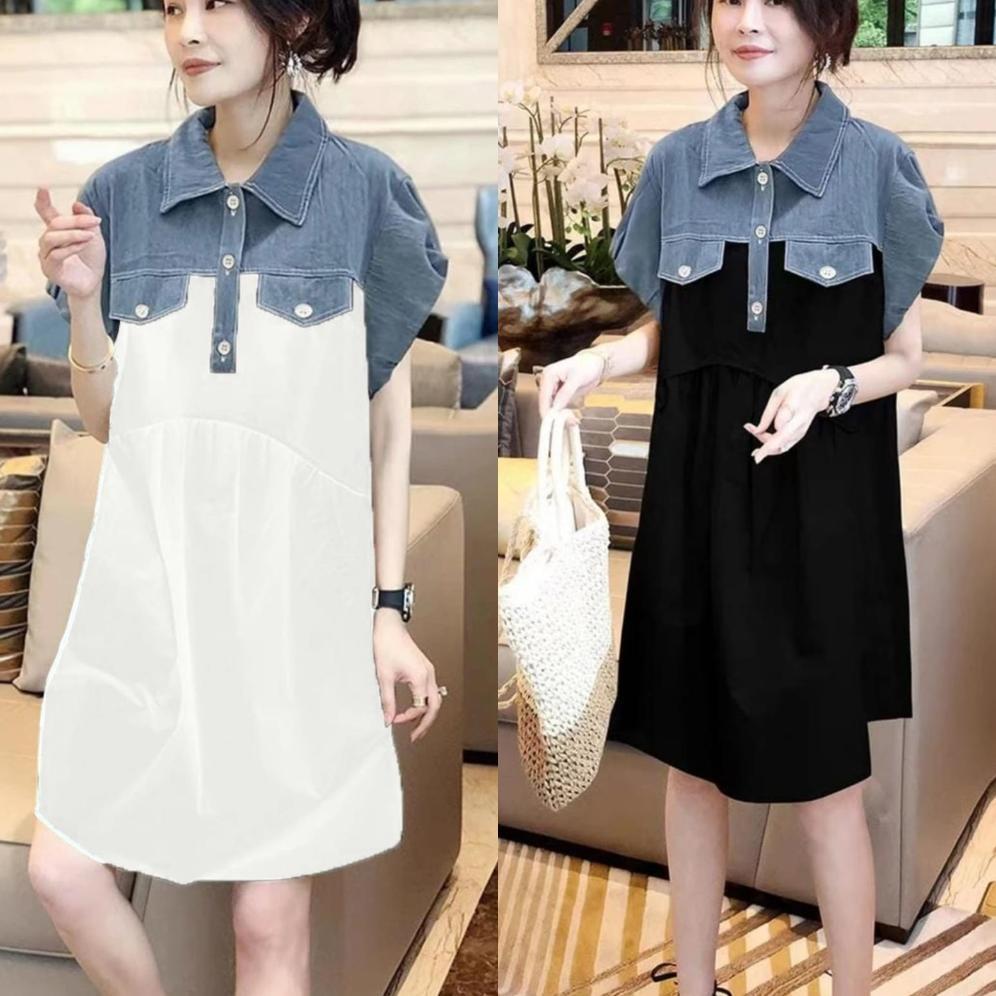 DRESS MIYORI WANITA LENGAN PENDEK BAHAN DENIM SNOW KOMBINASI KATUN POPLIN PREMIUM 2897