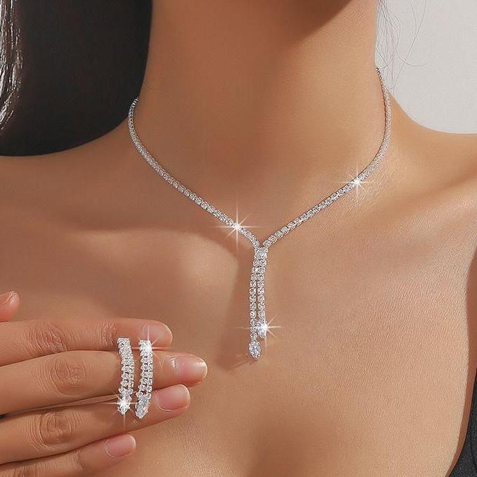 Set Kalung Anting Berlian Kalung Pesta Mewah Model Garis Berlian